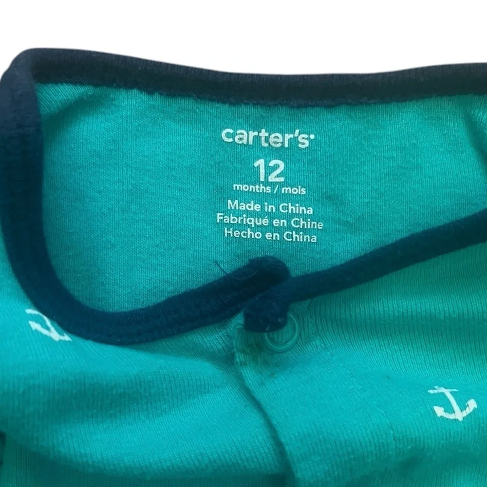 Carter’s green anchor print boat embroidered one piece boy 12M Front snap